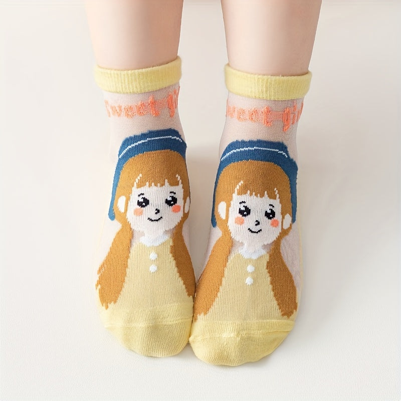5 Pairs Girls Ice Silk Cotton Socks Breathable Elementary 1-11 Yrs Old
