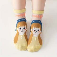 5 Pairs Girls Ice Silk Cotton Socks Breathable Elementary 1-11 Yrs Old