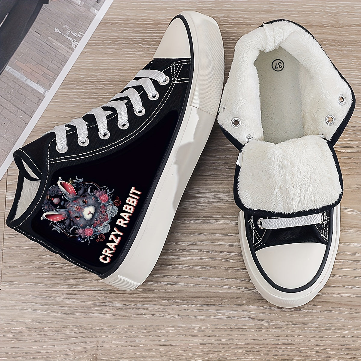 Crazy Rabbit Print Plush Lined Thermal Chunky Canvas Sneakers