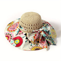 Hollow Crochet Boho Sun Hat Wide Brim Bowknot Beach Hat