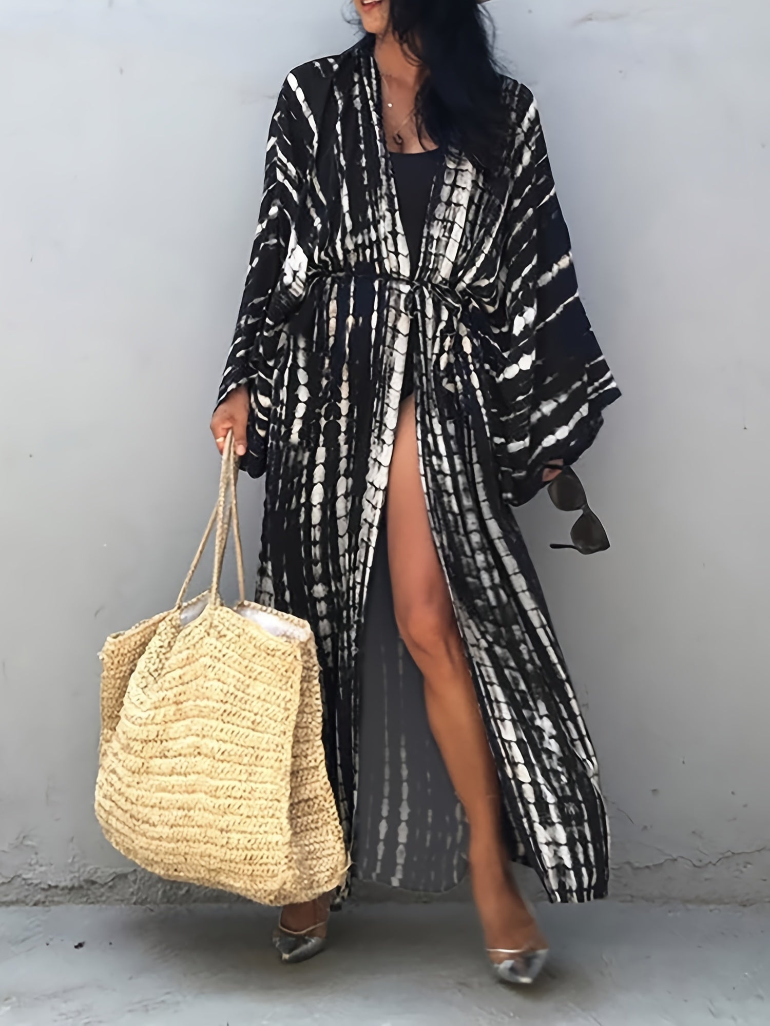 Tie Dye Batwing Sleeve Beach Cover Up With Belt