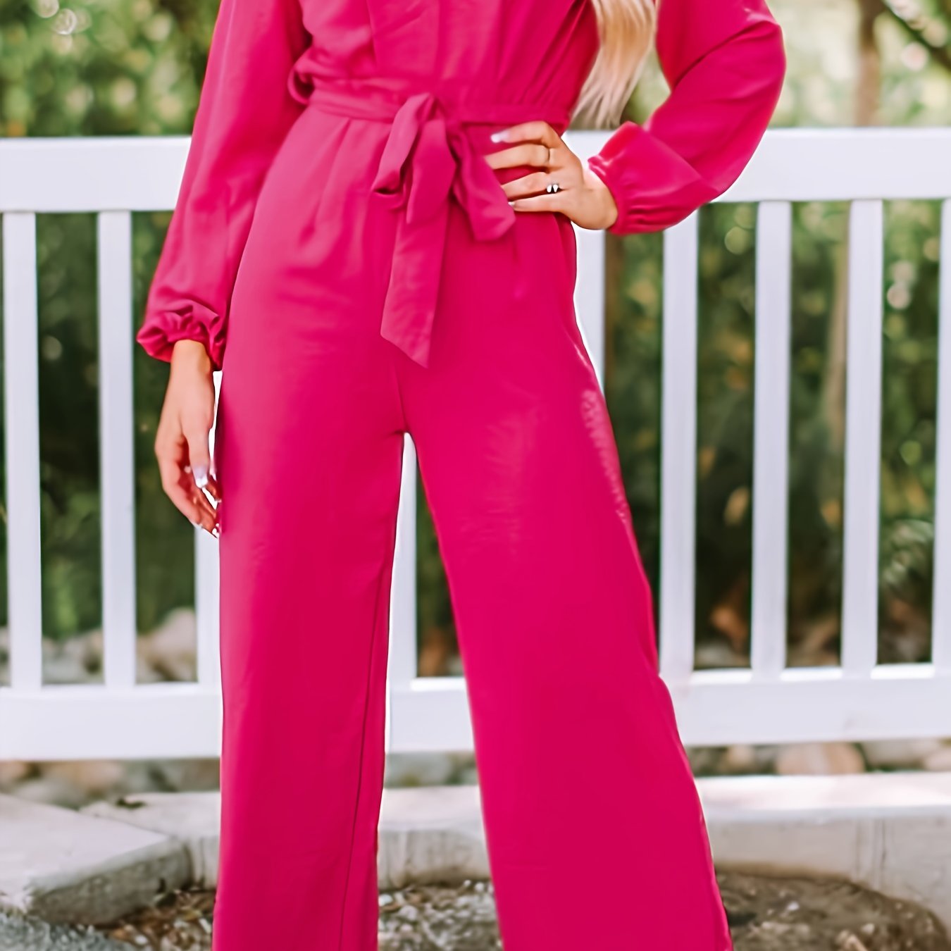 Solid Lantern Sleeve Wide Leg Jumpsuit With Belt