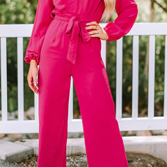 Solid Lantern Sleeve Wide Leg Jumpsuit With Belt