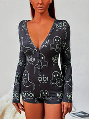 Halloween Ghost Print Pajama Romper Long Sleeve V Neck Buttons Pajamas