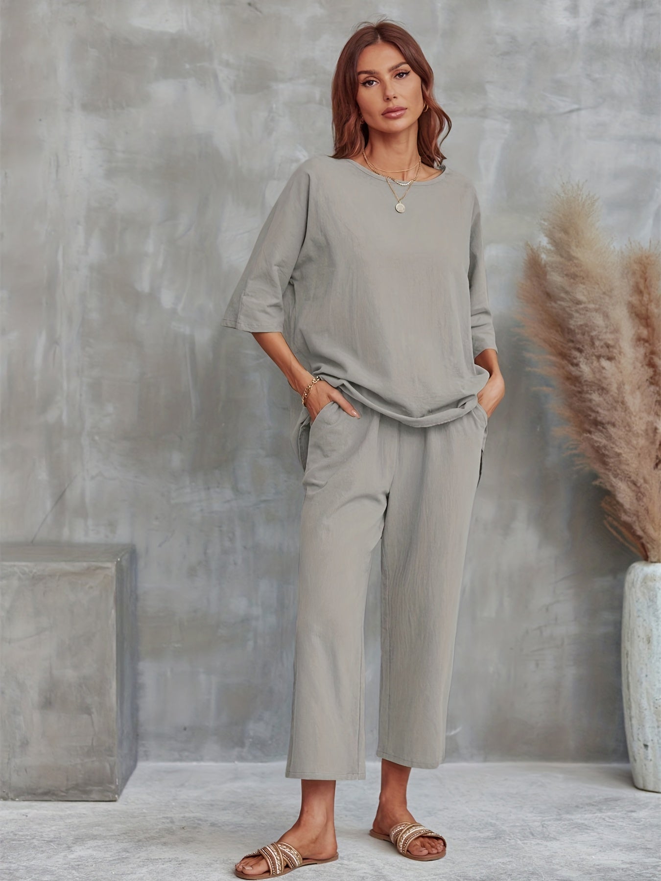 Casual 2pc Set Crew Neck Tee & Wide Leg Pants Women's Clothing