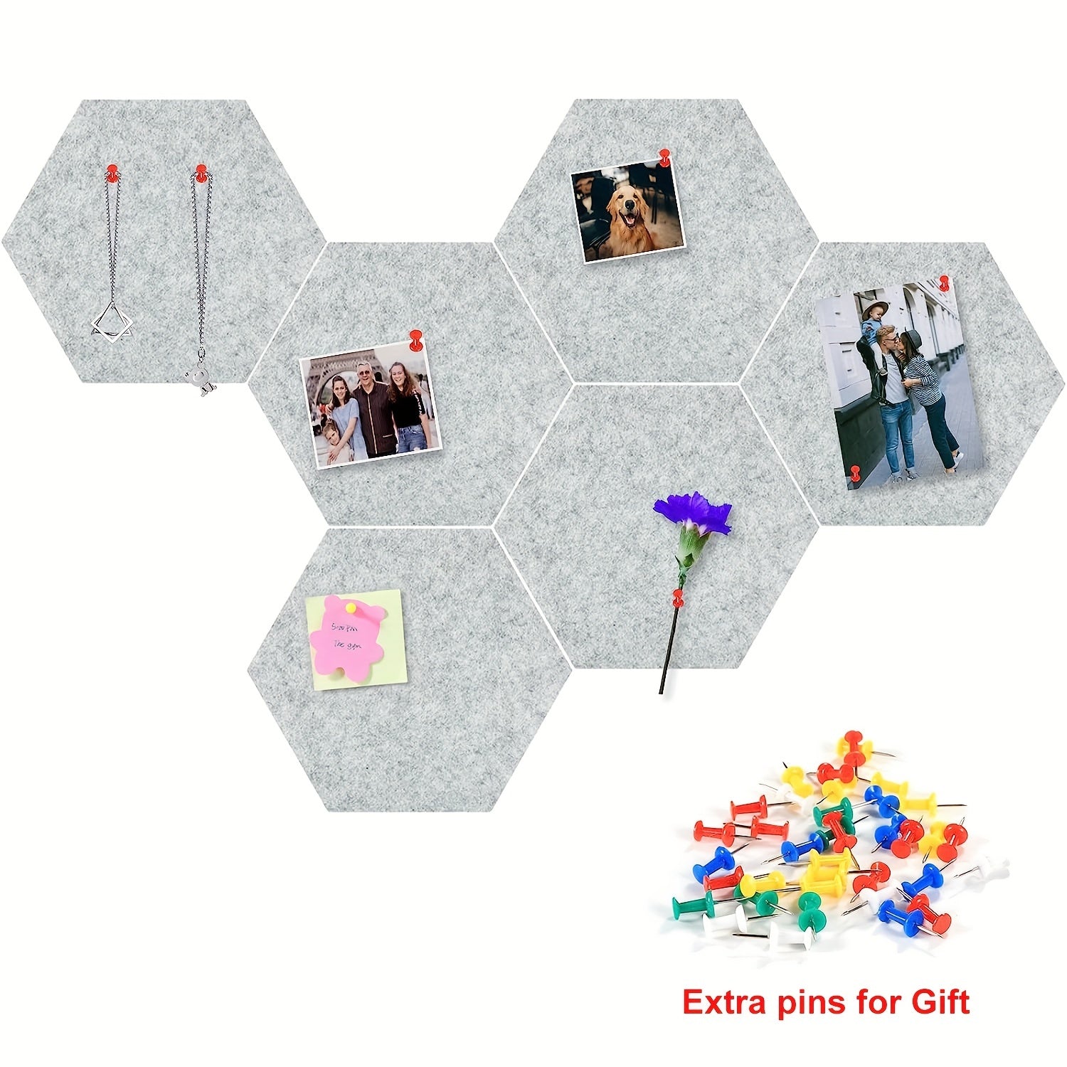 6pcs Hexagon Felt Bulletin Board Self Adhesive Wall Tiles with Push Pins