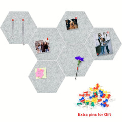 6pcs Hexagon Felt Bulletin Board Self Adhesive Wall Tiles with Push Pins