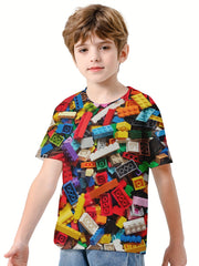 Boys' 3D Building Blocks Graphic T Shirt Active Stretchy Tee