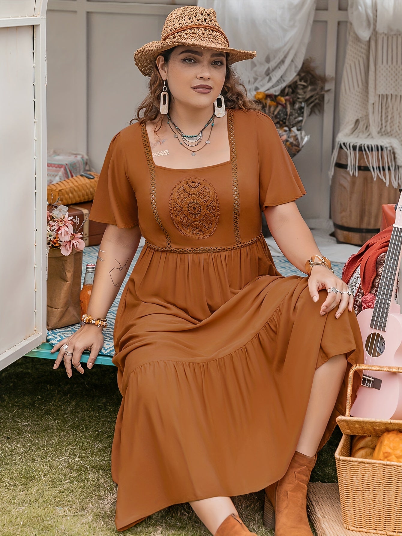 Boho Lace Maxi Smock Dress Short Sleeve Round Neck