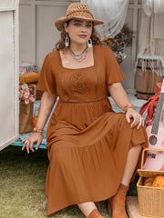 Boho Lace Maxi Smock Dress Short Sleeve Round Neck