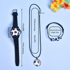 Boys' Football Pattern Sports Watch Set with Bracelet & Necklace