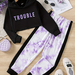 Girls 2pc TROUBLE Letter Hoodie Set Colorblock Tie dye Pants Kids Casual Suit