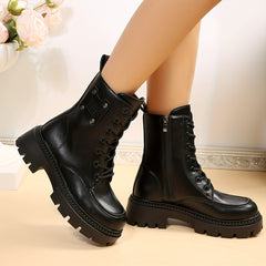 Women's Platform Combat Boots Round Toe Side Zipper & Lace Up Motorcycle Boots