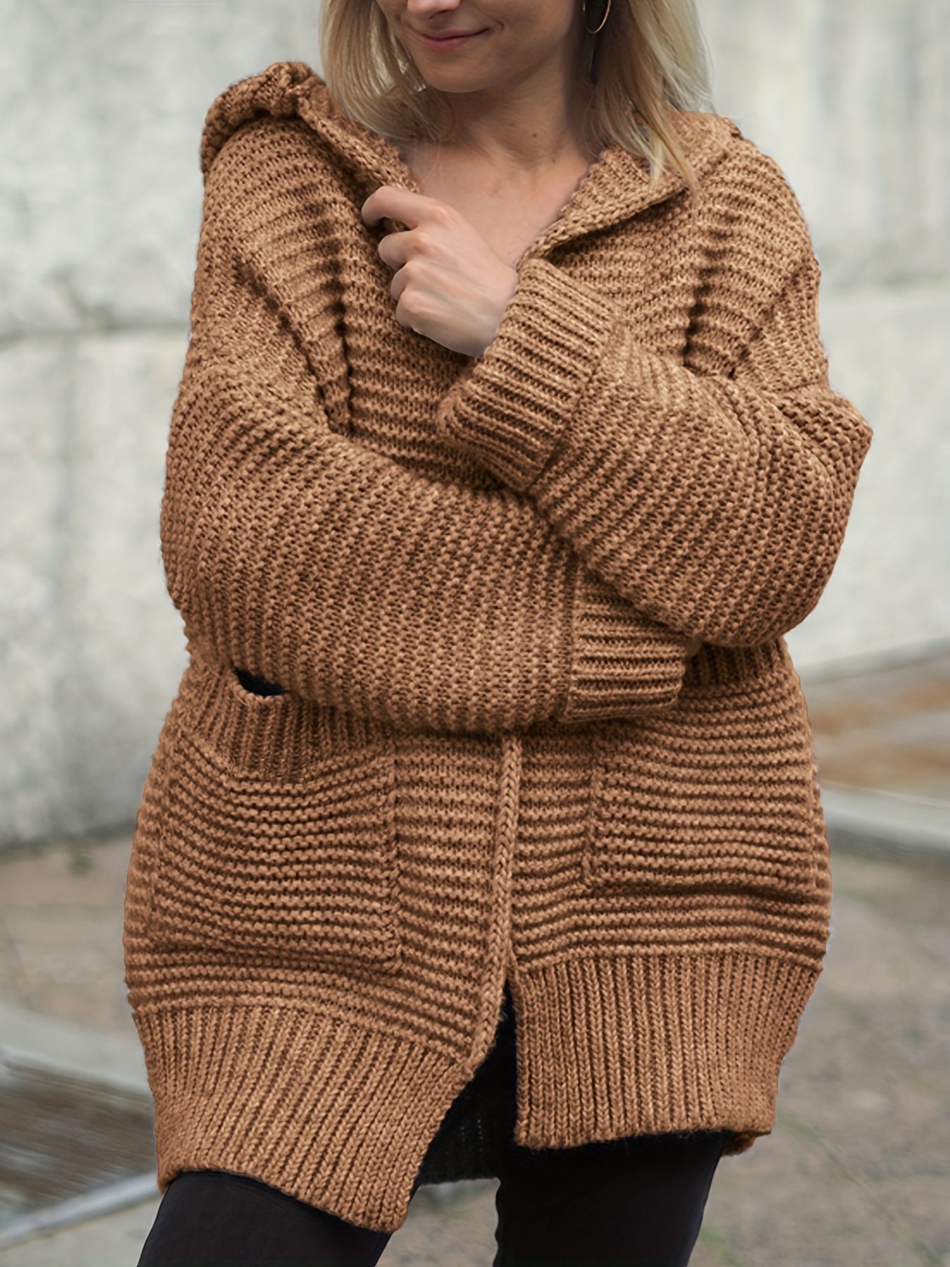 Solid Open Front Hooded Sweater Cardigan With Pockets