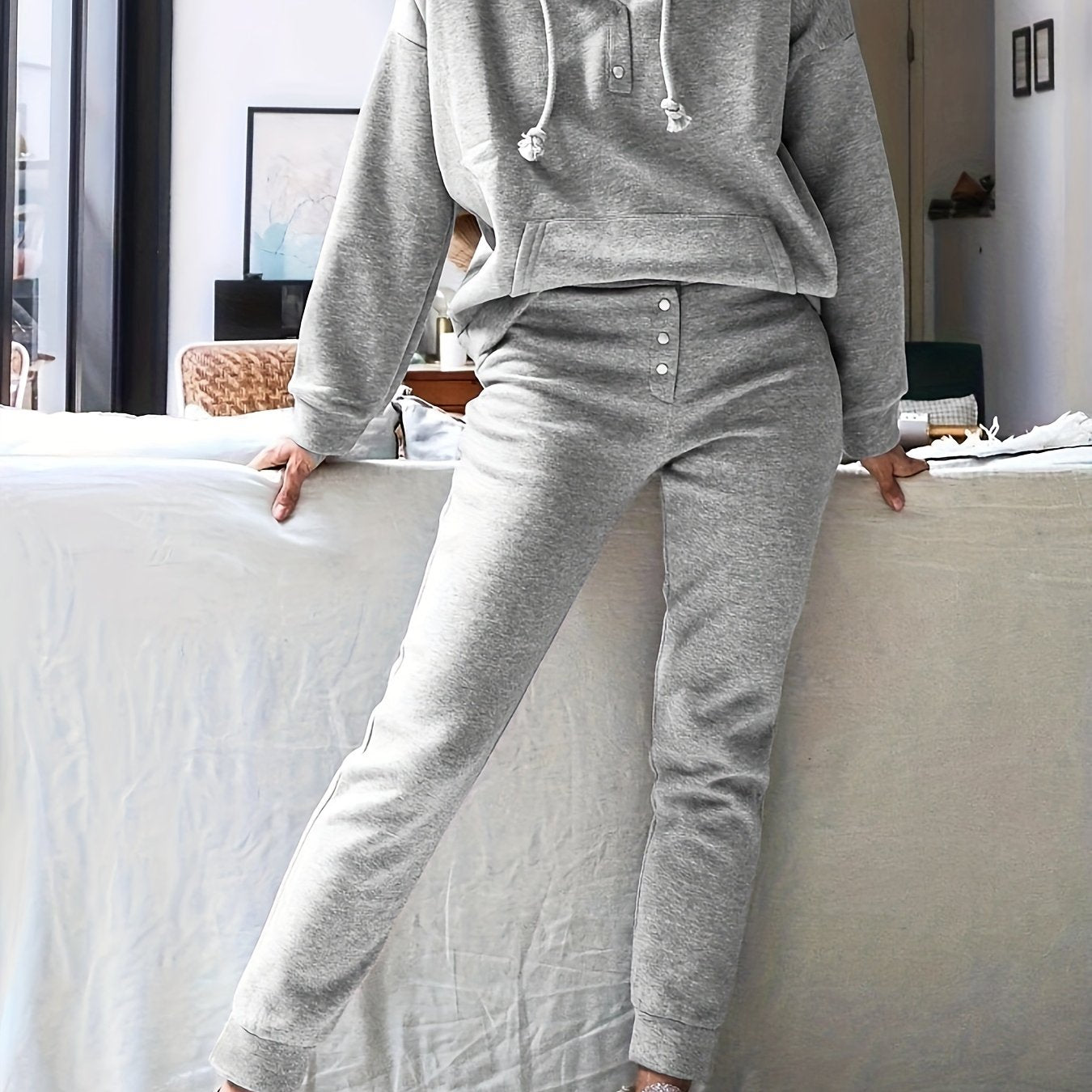 Sporty Outfit Set: Solid Half Button Hoodie & Joggers Two Piece Set