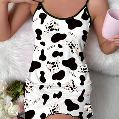 Cow Print Nightdress Crew Neck Sleep Dress Women's Sleepwear & Dresses