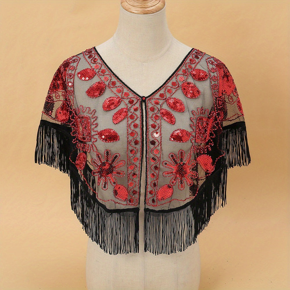 Vintage Sequin Embroidered Shawl 1920s Tassel Wrap Mesh Cape