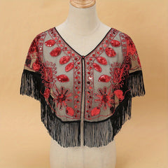 Vintage Sequin Embroidered Shawl 1920s Tassel Wrap Mesh Cape