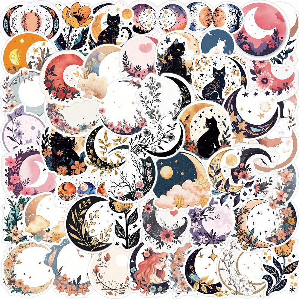 50pcs Moon Flower Cat Cartoon Stickers PVC Decals for Luggage Guitar Car Skatebo