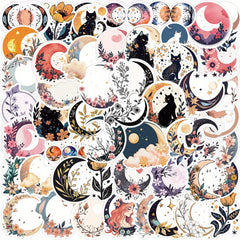 50pcs Moon Flower Cat Cartoon Stickers PVC Decals for Luggage Guitar Car Skatebo