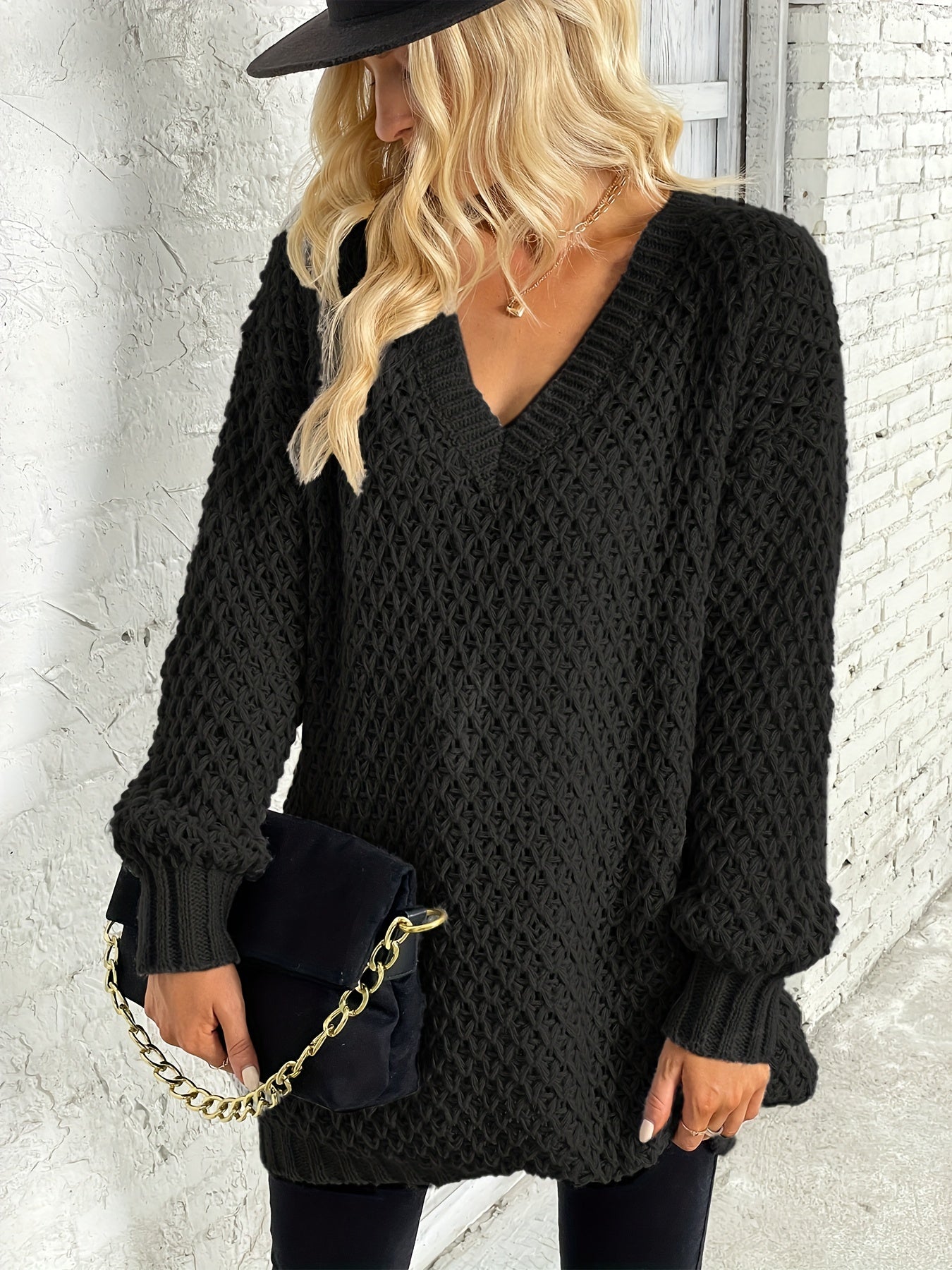 Solid Knit Sweater V Neck Long Sleeve Solid Sweater Women's Clothing