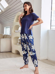 Floral Print Pajamas Set Short Sleeve Top & Pants Women's Sleepwear
