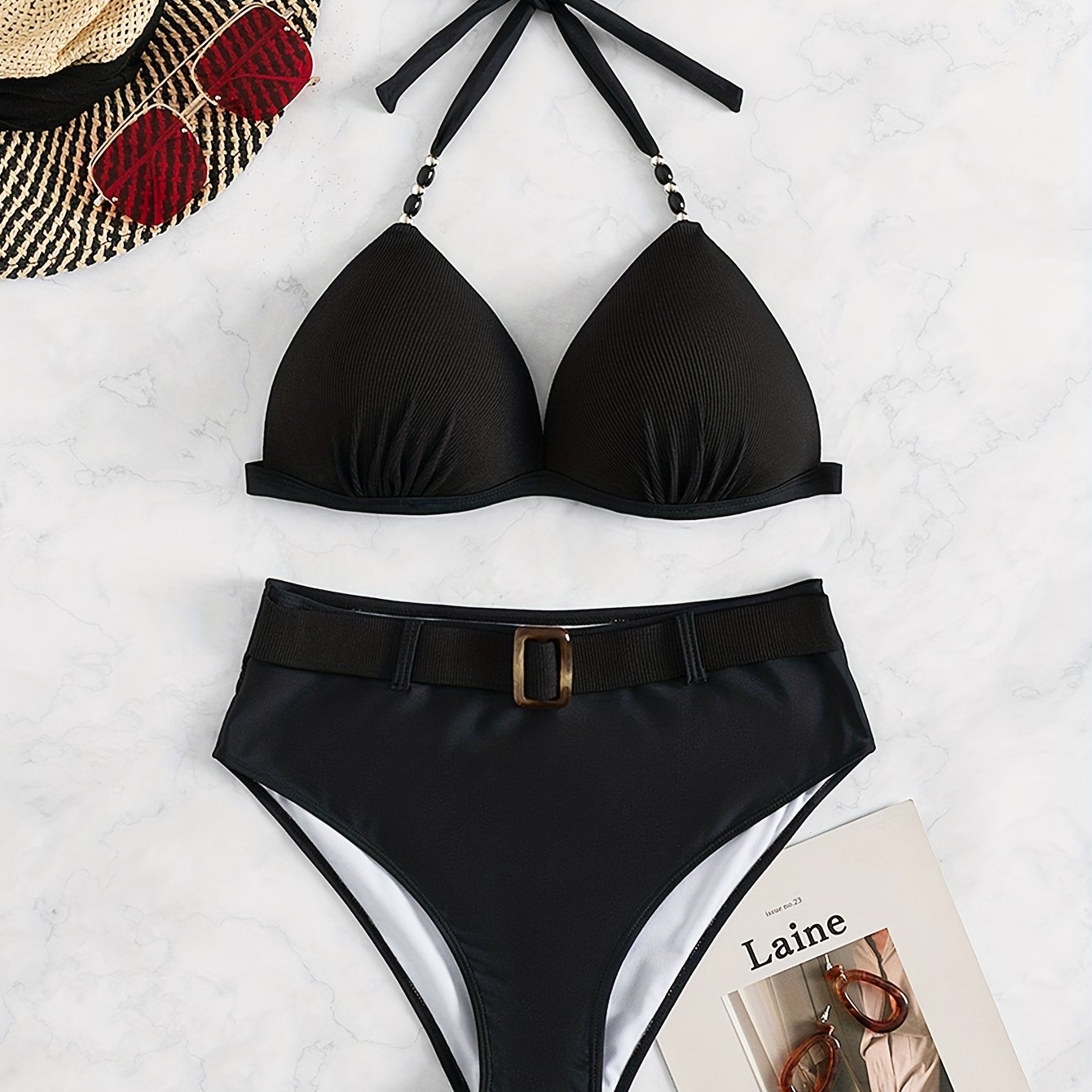 Beaded Molded Cup Halter Bikini Set