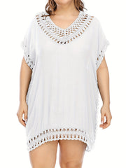 Solid Hollow Out Cover Ups Women's Plus Sexy Round Neck