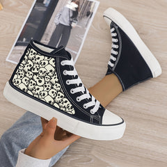 Skull Print Plush Lined Thermal Chunky Canvas High Top Sneakers