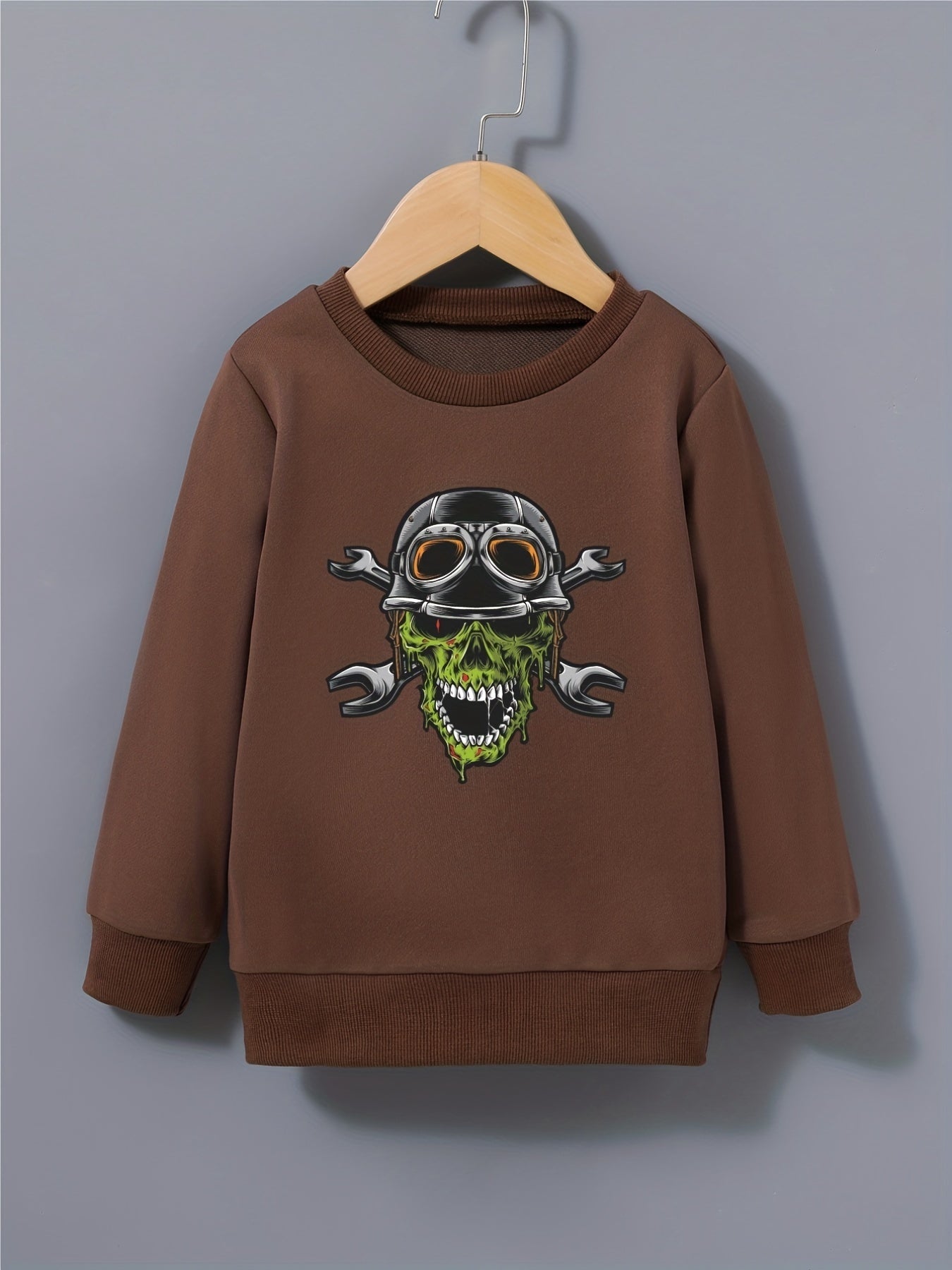 Boys Sweatshirt Helmet Skull Print Long Sleeve Pullover Top
