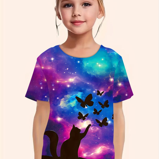 Girls Starry Sky & Kitty & Butterfly Print Short Sleeve T shirt