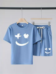 Boys Smile Face Print T-shirt & Drawstring Shorts Set