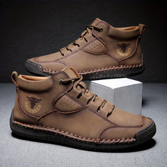 Men Leather Stitch Ankle Boots Non Slip Walking Sneakers