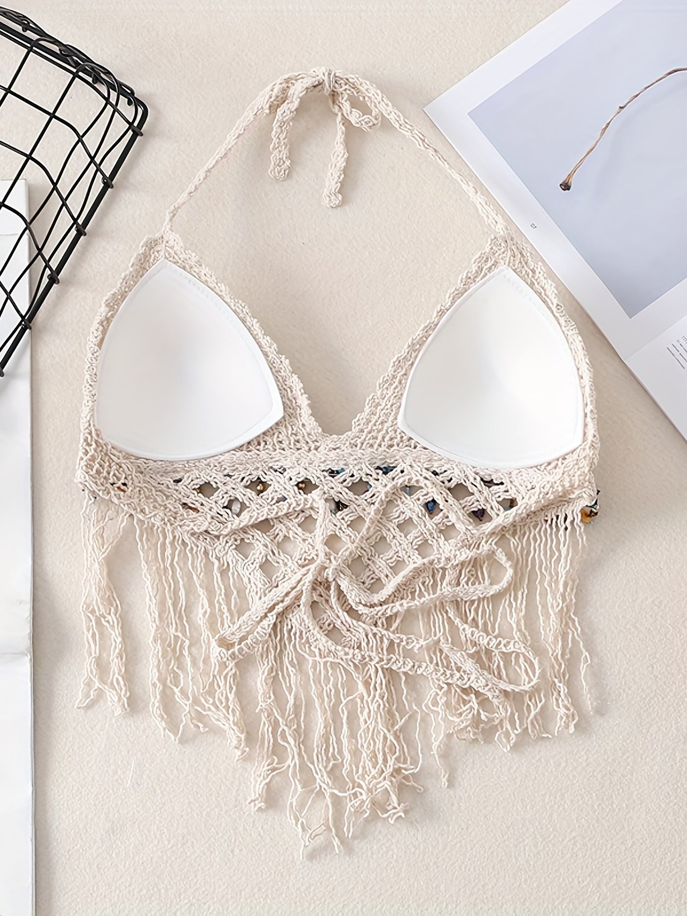 Solid Tassel Halter Top Sleeveless Crop Top Women's Clothing