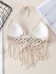 Solid Tassel Halter Top Sleeveless Crop Top Women's Clothing