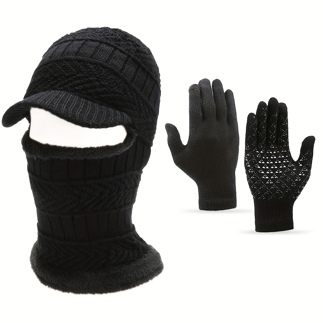 Winter Warm Hat And Gloves Set Knitted Balaclava & Windproof Gloves