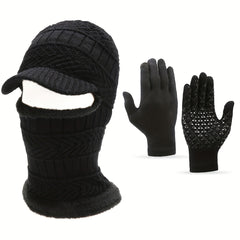 Winter Warm Hat And Gloves Set Knitted Balaclava & Windproof Gloves