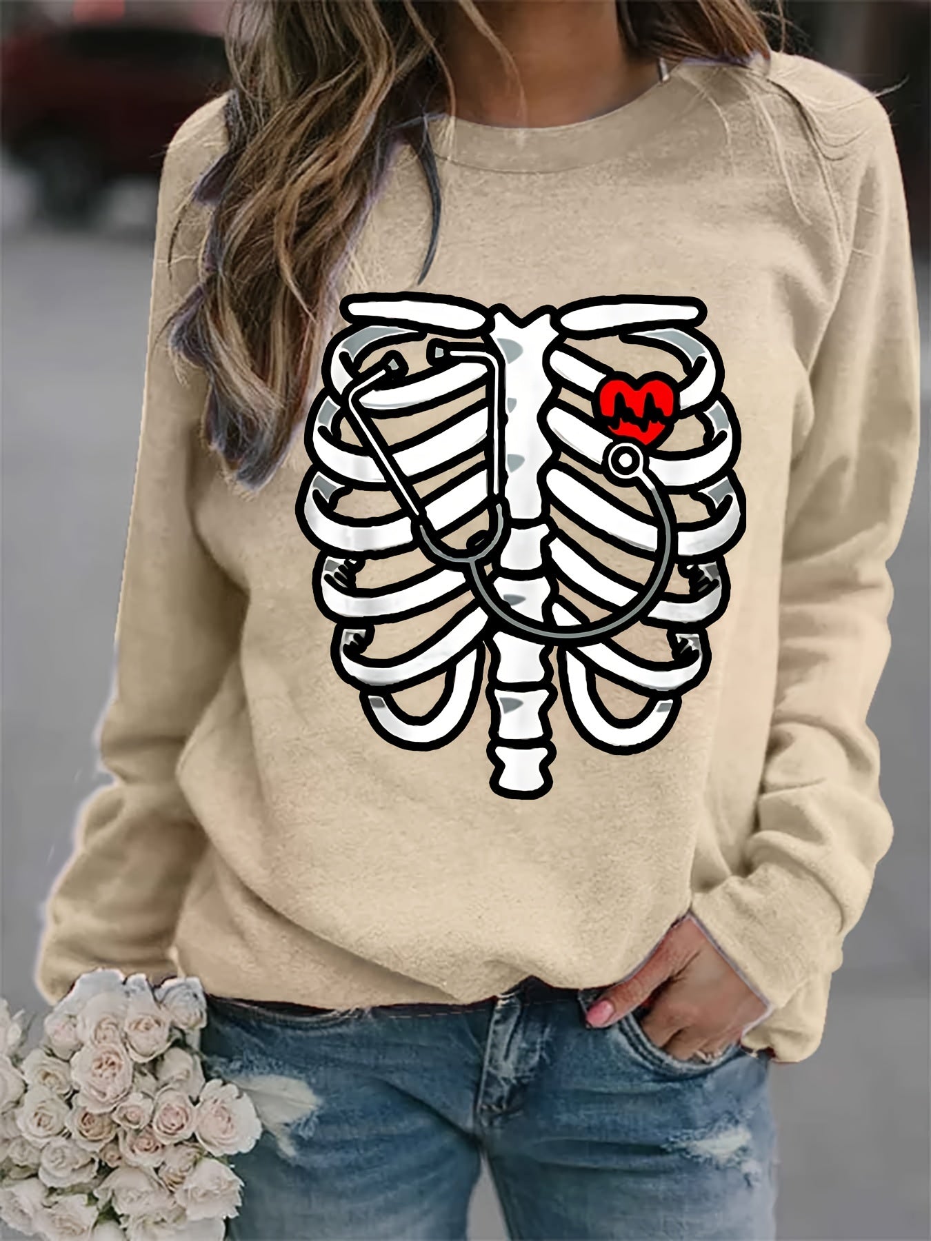 Skeleton Print Sweatshirt Crew Neck Casual Long Sleeve Sweatshirt