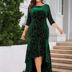 Golden Dot Print Velvet Plus Size Mermaid Dress