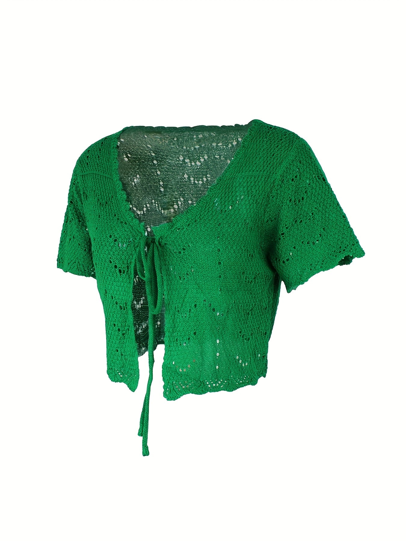 Tie Front Knit Cardigan Solid Short Sleeve Sweater