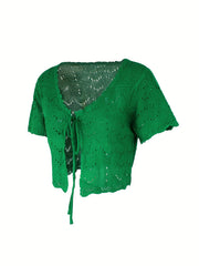 Tie Front Knit Cardigan Solid Short Sleeve Sweater