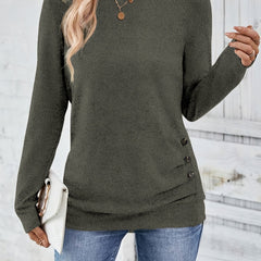 Solid Button Decor Long Sleeve Knit Top