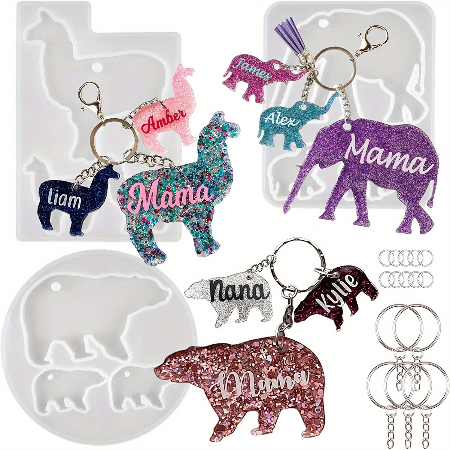 Animal Family Keychain Silicone Molds Set with Key Chain Rings