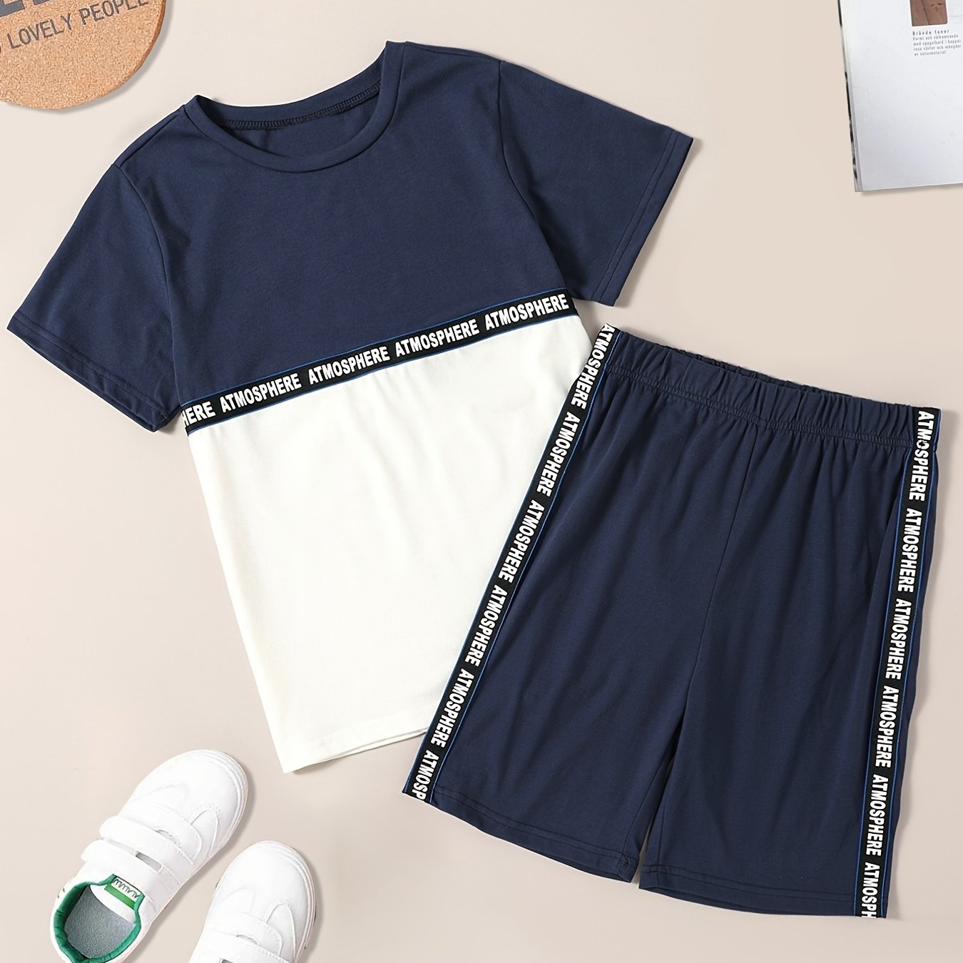 Boys Letter Block Outfit Shorts & T shirt Short Sleeves Crew Neck Casual Summer