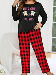 Cartoon Bees & Letter Print Pajama Set Long Sleeve Top & Plaid Pants