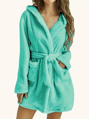 Cozy Fuzzy Hooded Robe with Belt & Pockets