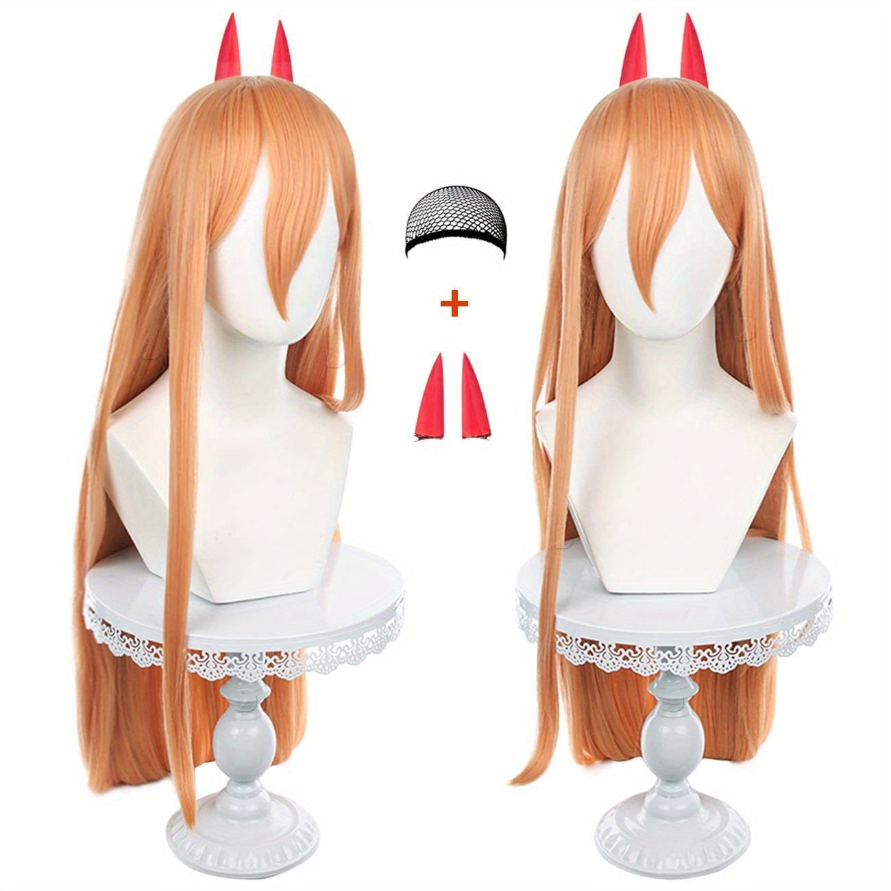 Anime Character Straight Wig w/ Horn Hair Clips Party Costume Halloween