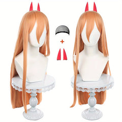Anime Character Straight Wig w/ Horn Hair Clips Party Costume Halloween
