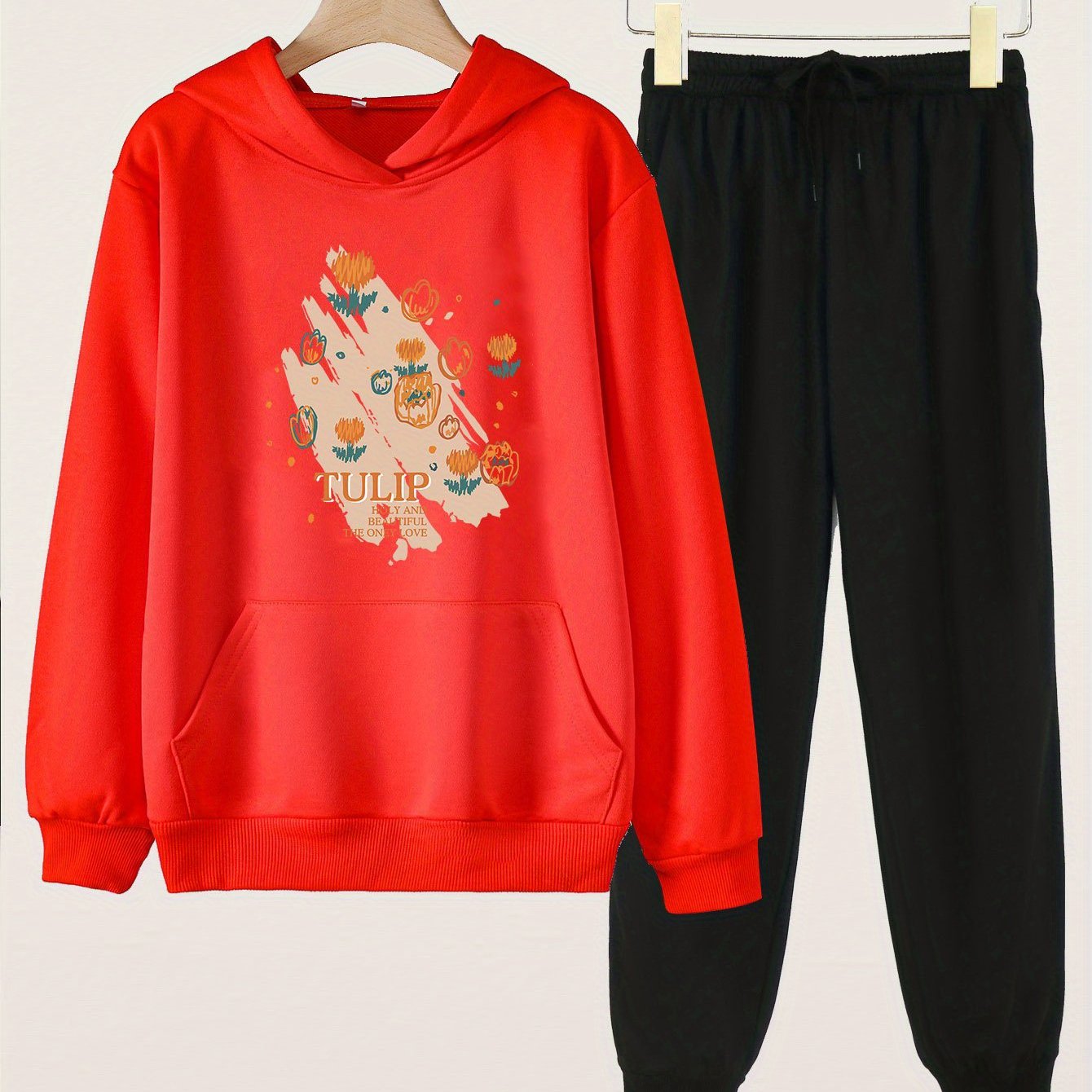 Floral Graffiti Print Hooded Outfit For Girls Hoodie & Pants Set