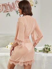 Lace Stitching Mesh Night Robe V Neck Half Sleeve Robe